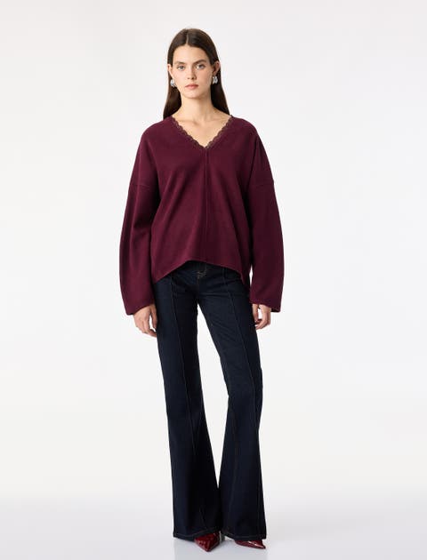Regular Fit Long Sleeve V Neck Sweatshirt With Lace