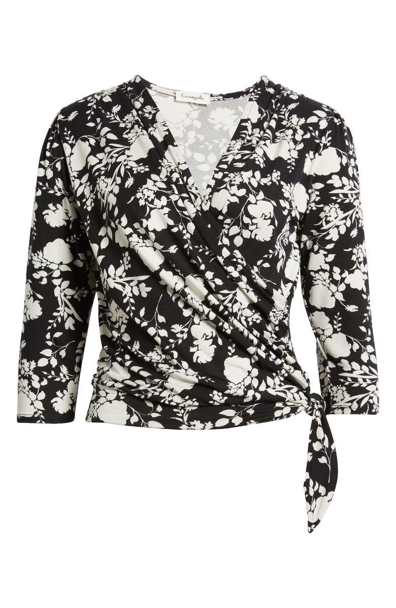 Loveappella Faux Tie Wrap Top, Alternate, color, Black/ Ivory