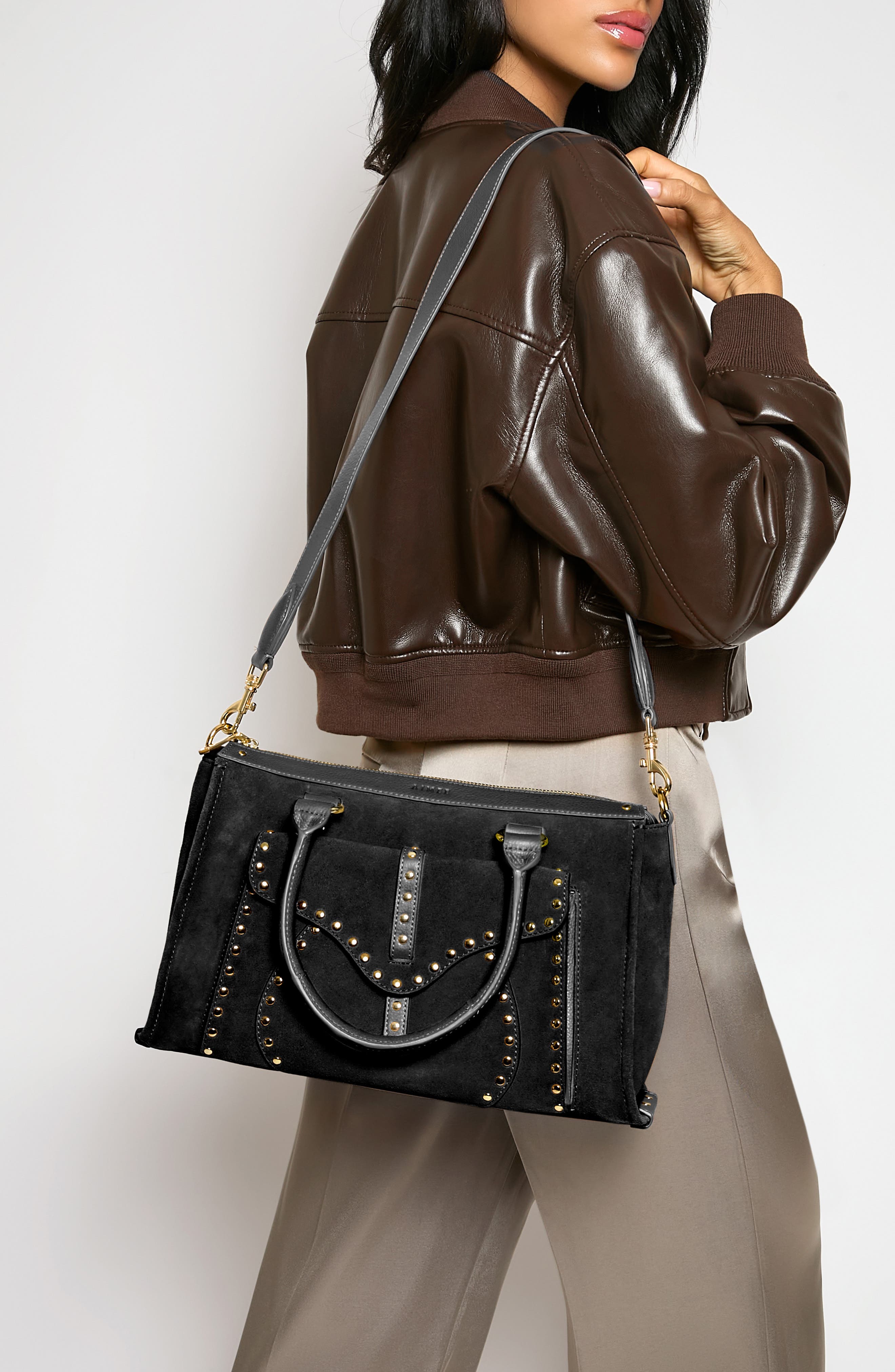 AIMEE Armour Leather Satchel, Alternate, color, Black Suede