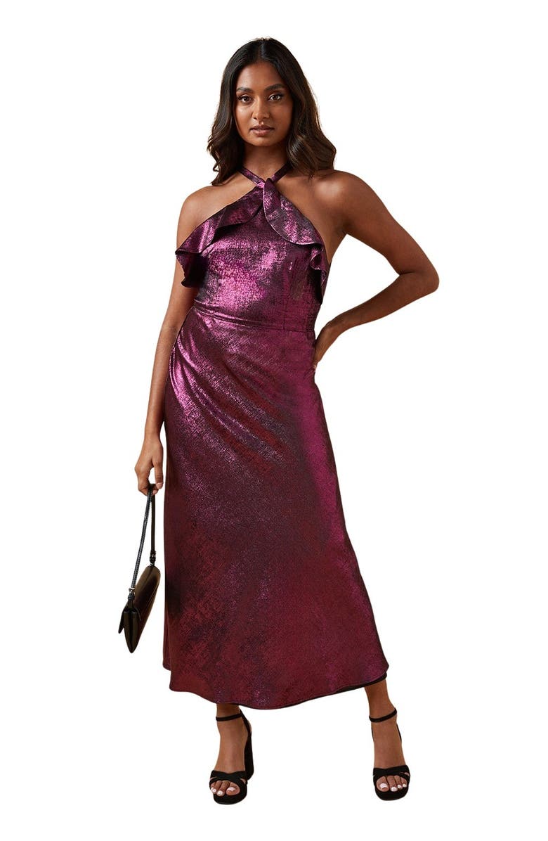 Oasis Foil Halterneck Ruffle Foil Midaxi Dress, Main, color, Pink