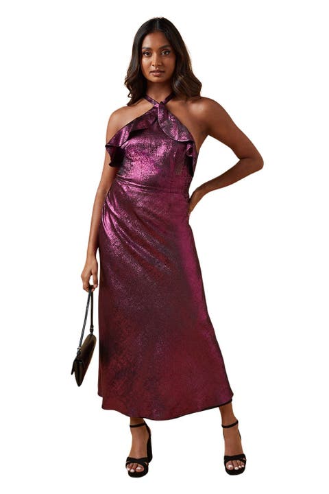 Foil Halterneck Ruffle Foil Midaxi Dress