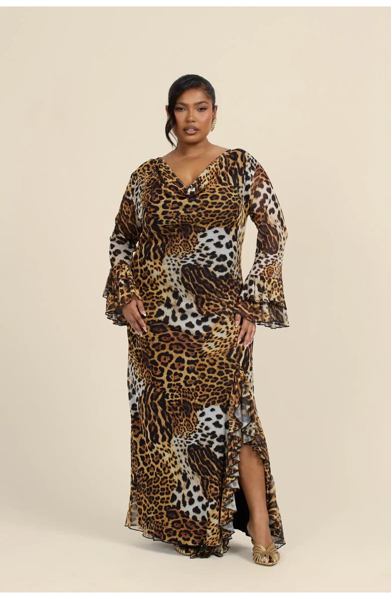 FASHION-SZN CURVE Ruffle Leopard Print Maxi Dress, Main, color, Brown