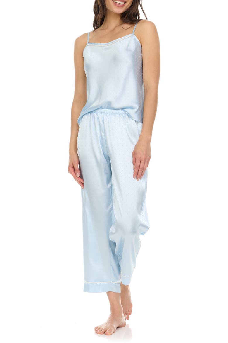 Jamie Pin Dot Satin Capri Pajamas with Faux Pearl Trim, Alternate, color, ICE BLUE