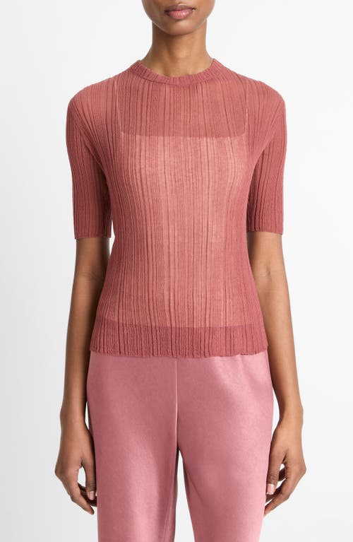 Vince Double-layered Ribbed Elbow-sleeve Top In Rose Jam/sabbia