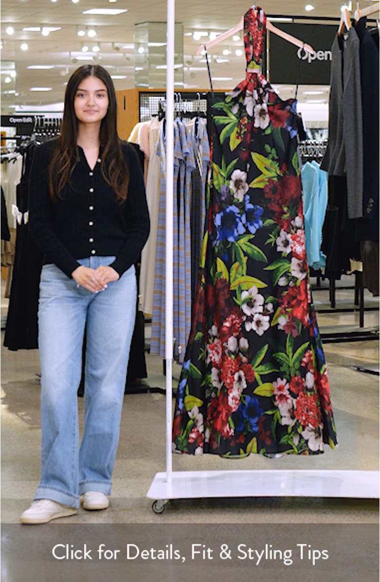 Floral Print Satin Halter Dress, sales video thumbnail