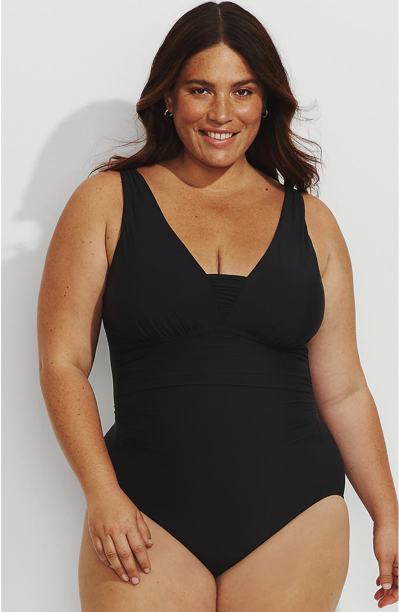 Lands' End SlenderSuit Grecian Low Leg One Piece Swimsuit, Main, color, Black