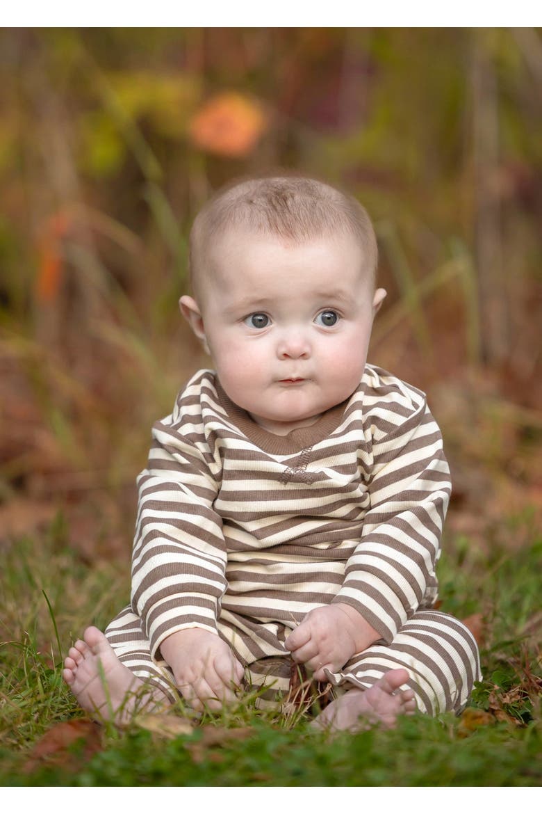 Max Long Sleeve Striped Ribbed Trim Jogger Leg Romper, Alternate, color, Brown