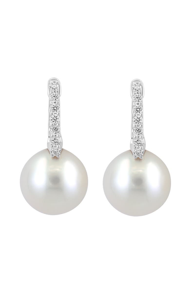 14K White Gold Diamond Fresh Water Pearl Dangle Hoop Earrings, Main, color, 14K Gold