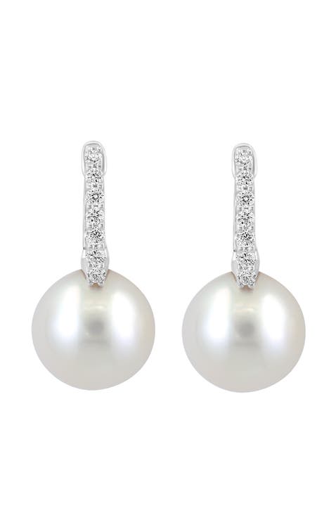 14K White Gold Diamond Fresh Water Pearl Dangle Hoop Earrings
