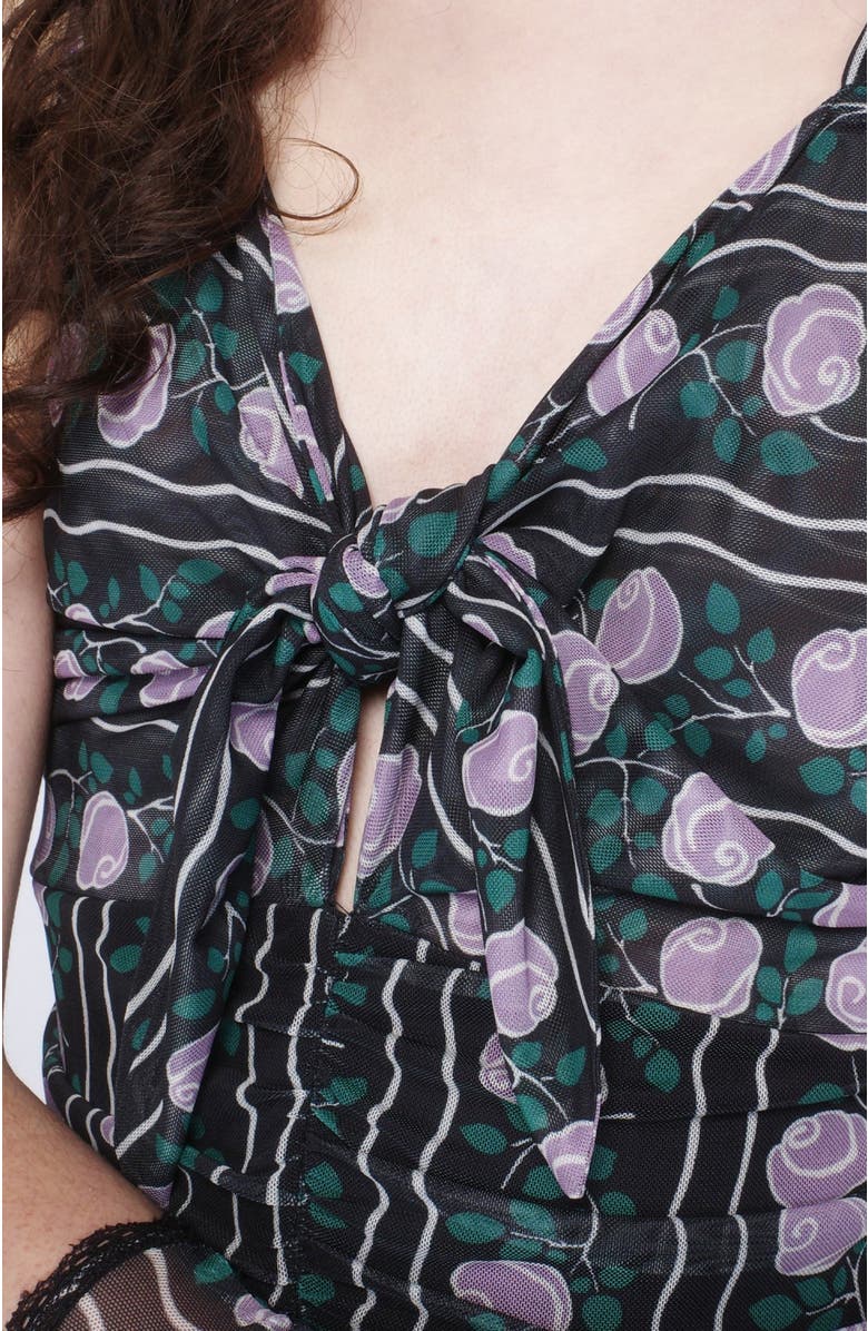 Anna Sui Rosetti Mesh Ruched Tie Dress, Alternate, color, Black/Lilac Multi