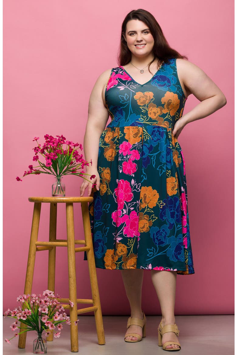 Vivid Floral V-Neck Fit & Flare Dress, Alternate, color, GREEN MULTI