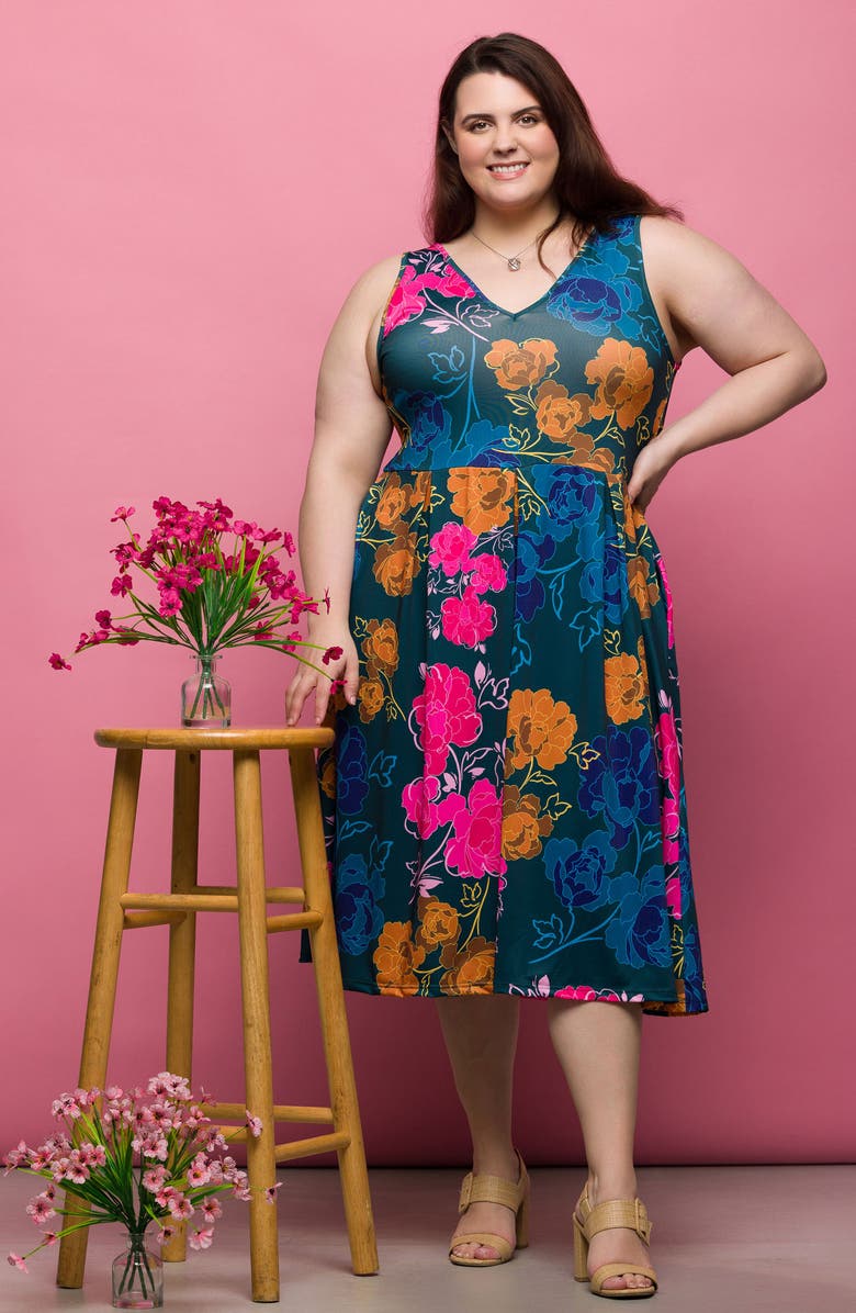 24seven Comfort Apparel Vivid Floral V-Neck Fit & Flare Dress, Alternate, color, Green Multi