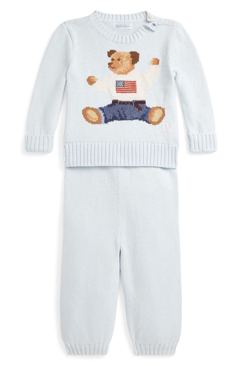 Kids' Polo Bear Cotton Sweater & Pants Set, Main, color, PEARL BLUE
