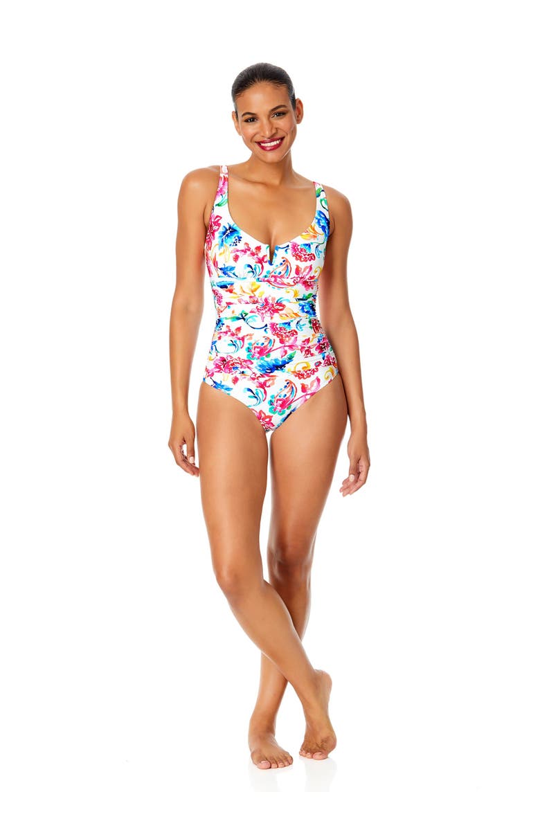 Anne Cole Women's Palm Chic V-Wire One Piece Swimsuit, Alternate, color, Watercolor Paisley