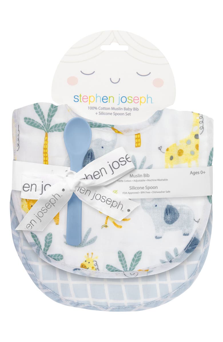Stephen Joseph 2-Pack Cotton Muslin Bibs & Silicone Spoon Set, Alternate, color, Zoo