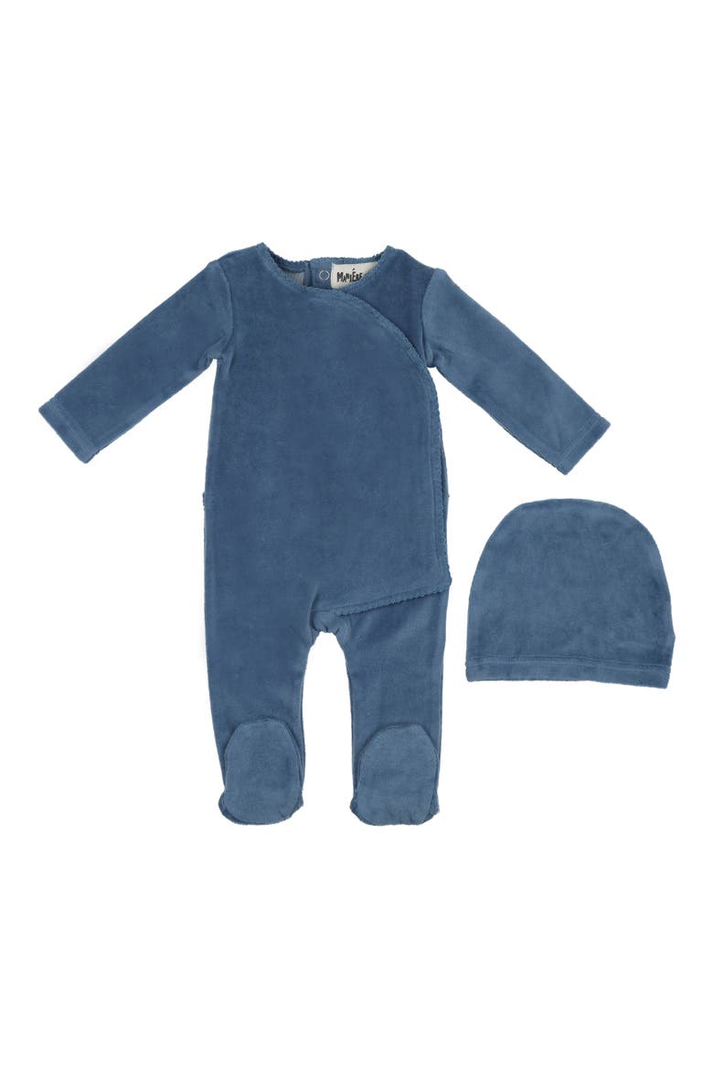 Velour Wrap Footie & Hat Set, Main, color, NAVY