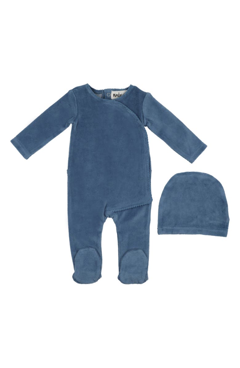 Manière Velour Wrap Footie & Hat Set, Main, color, Navy