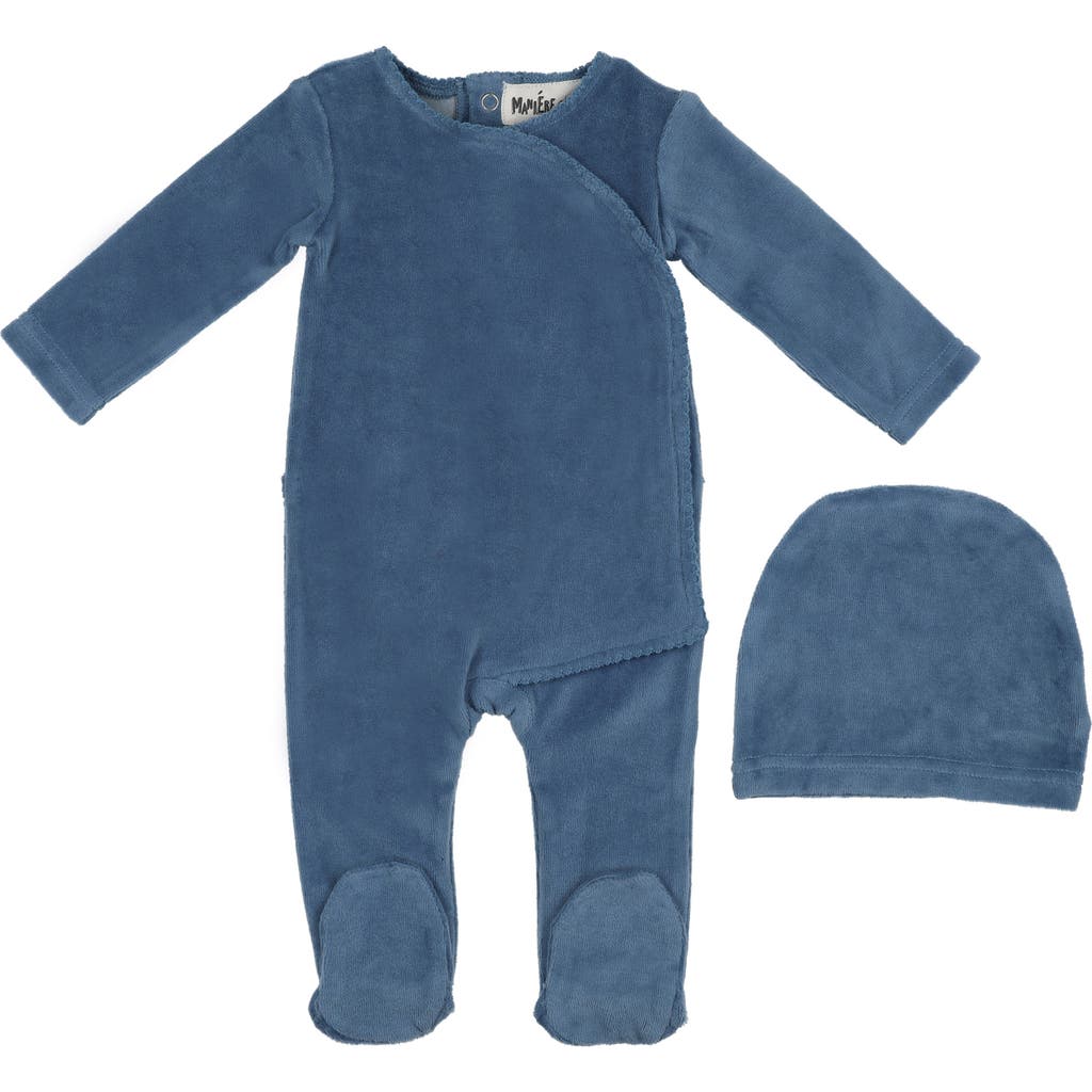 Maniere Manière Velour Wrap Footie & Hat Set In Blue