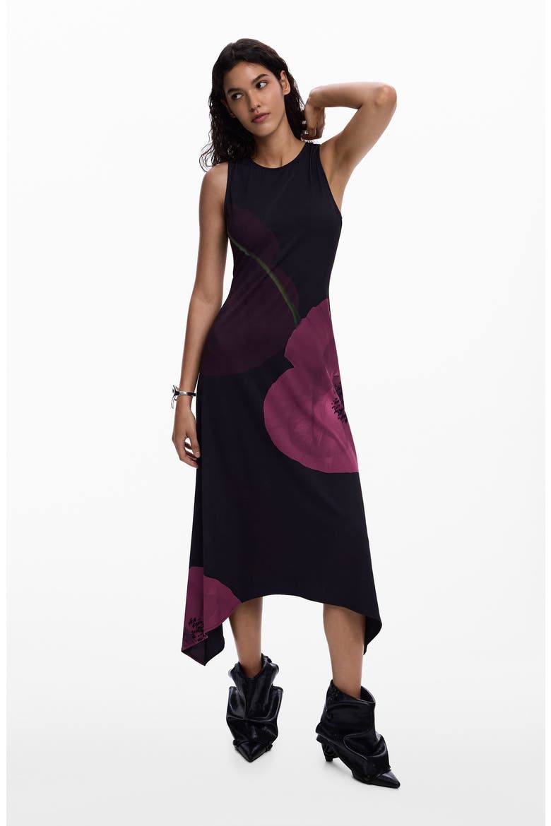 Print Asymmetric Hem Midi Dress, Alternate, color, BLACK