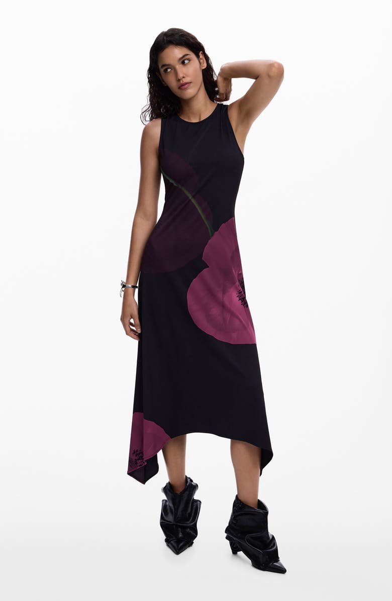 Desigual Print Asymmetric Hem Midi Dress, Alternate, color, 