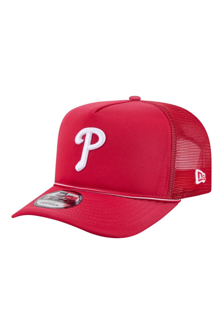 Men's New Era  Red Philadelphia Phillies Worn A-Frame 9FIFTY Trucker Snapback Hat, Main, color, Red