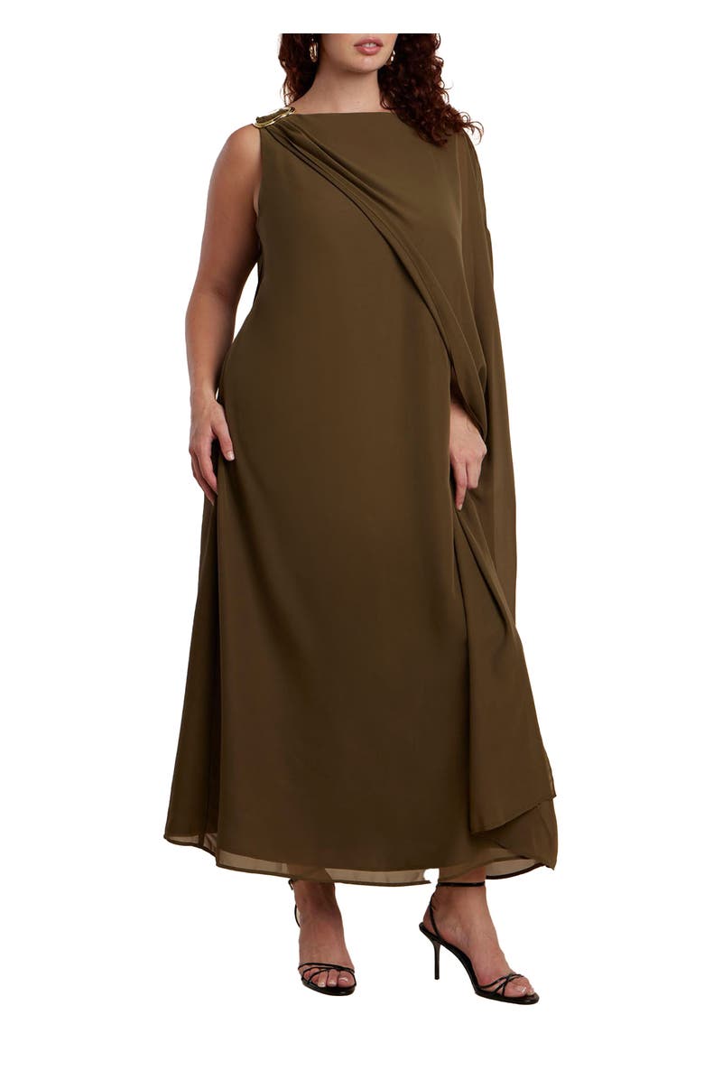 ELOQUII Hardware Detail Cape Maxi Dress, Main, color, Beech