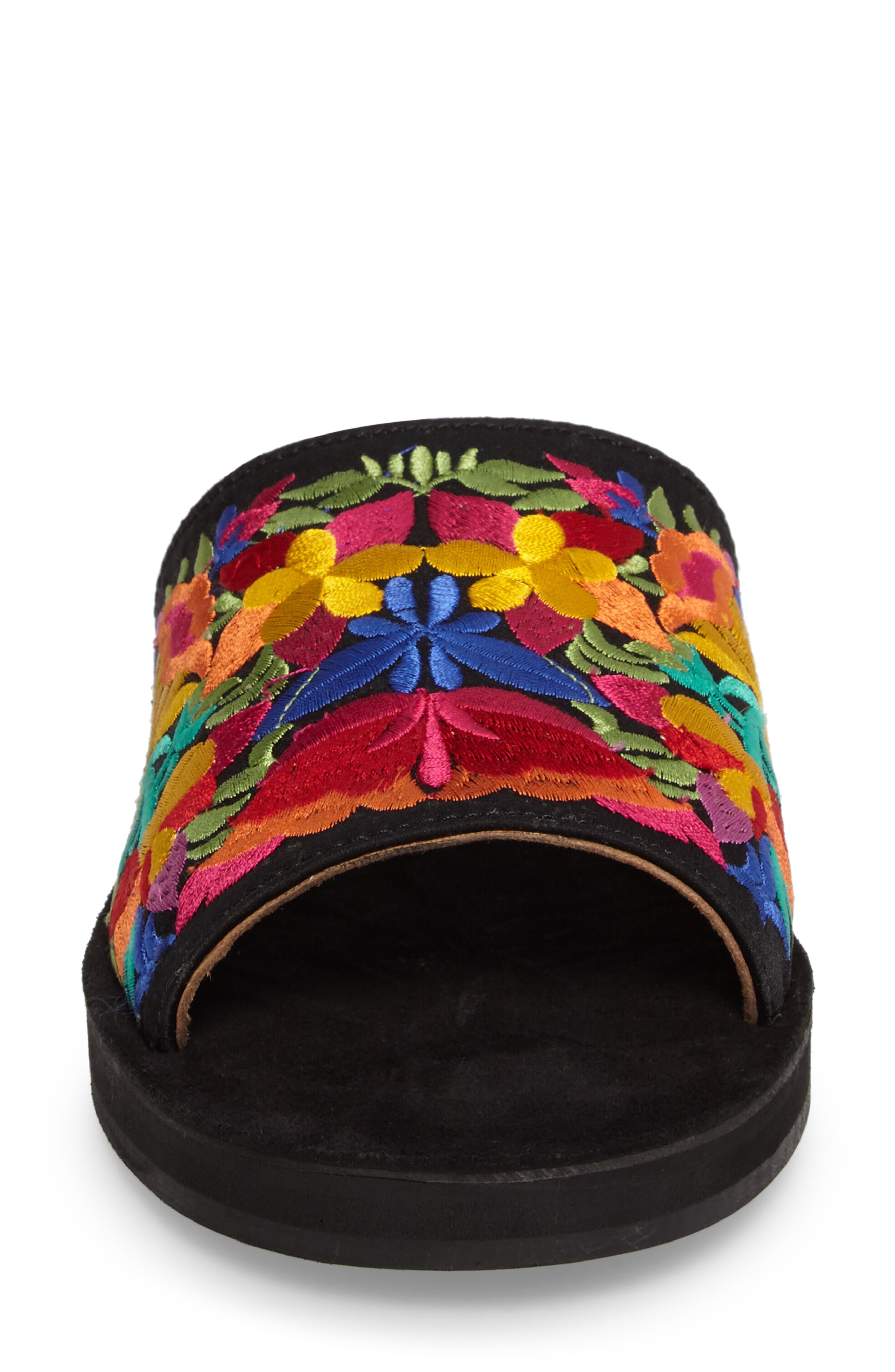 Sarasi Flower Embroidered Slide Sandal, Alternate, color, BLACK SATIN MULTI