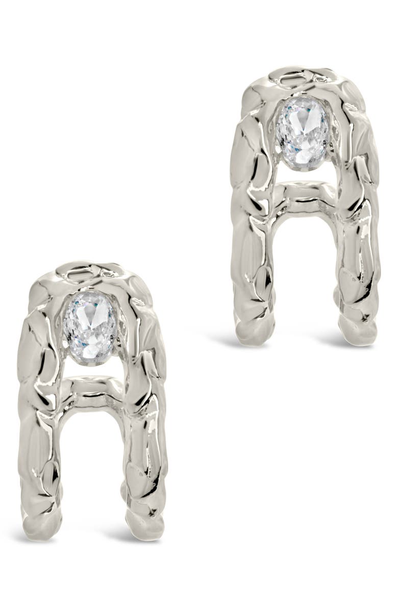 Sterling Forever Mavis Cubic Zirconia Molten Folded Hoop Earrings, Alternate, color, Silver