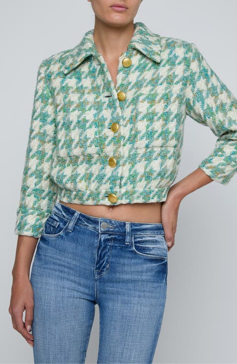 Jia Houndstooth Wool Blend Tweed Crop Jacket