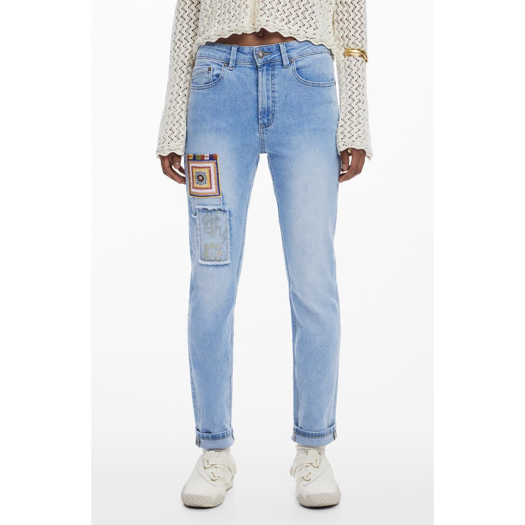 Desigual Embroidered Patch Skinny Jeans In Light Blue