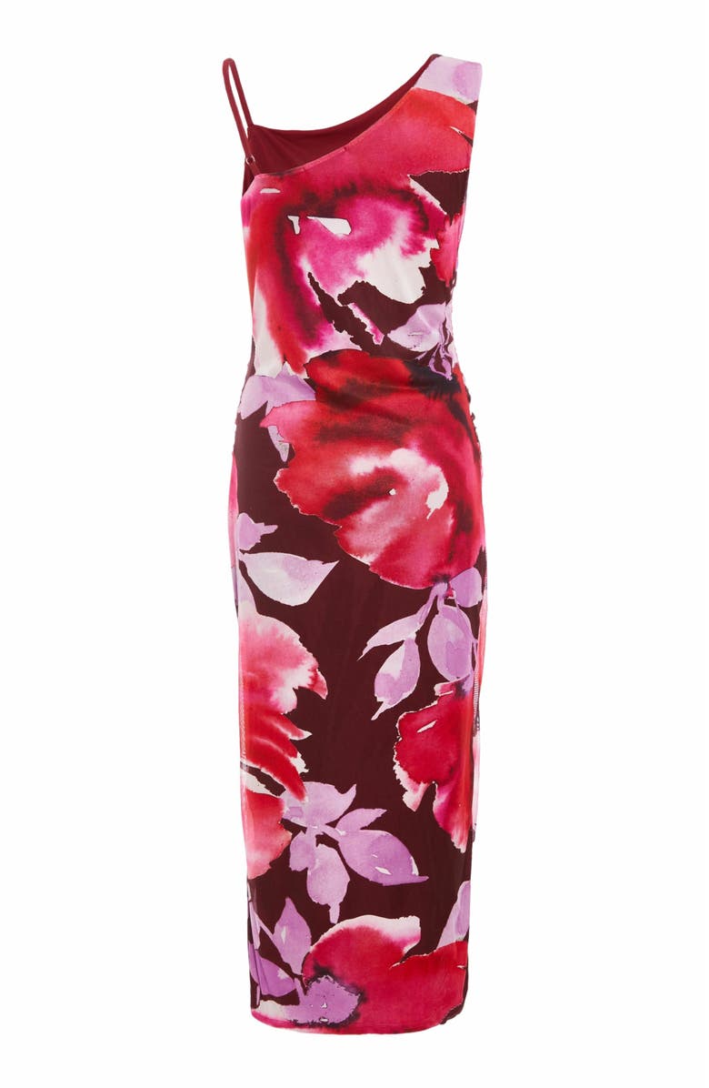 QUIZ Floral Asymmetric Ruched Maxi Dress, Alternate, color, Berry