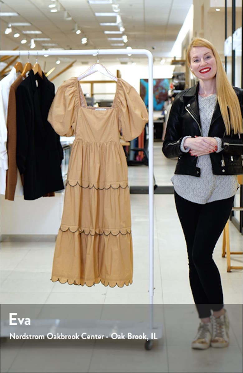 Puff Sleeve Scallop Trim Cotton Midi Dress, sales video thumbnail