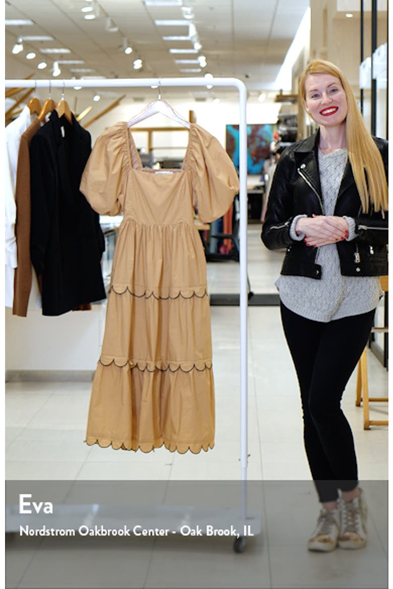 Puff Sleeve Scallop Trim Cotton Midi Dress video
