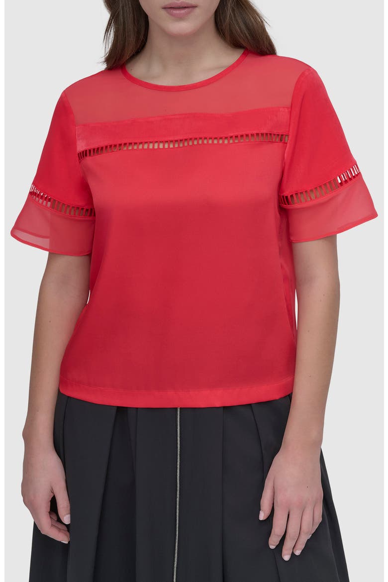Ladder Embroidery Short Sleeve Woven Shirt, Main, color, WATERMELON