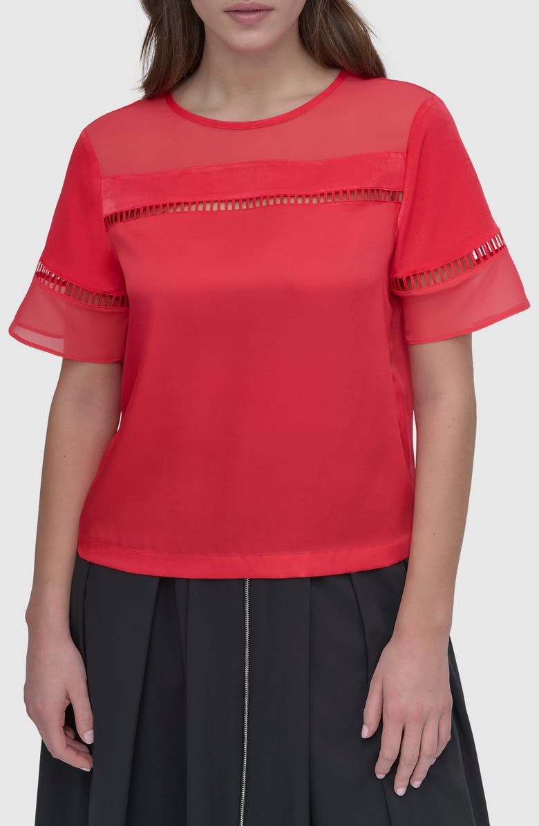 DKNY Ladder Embroidery Short Sleeve Woven Shirt, Main, color, Watermelon