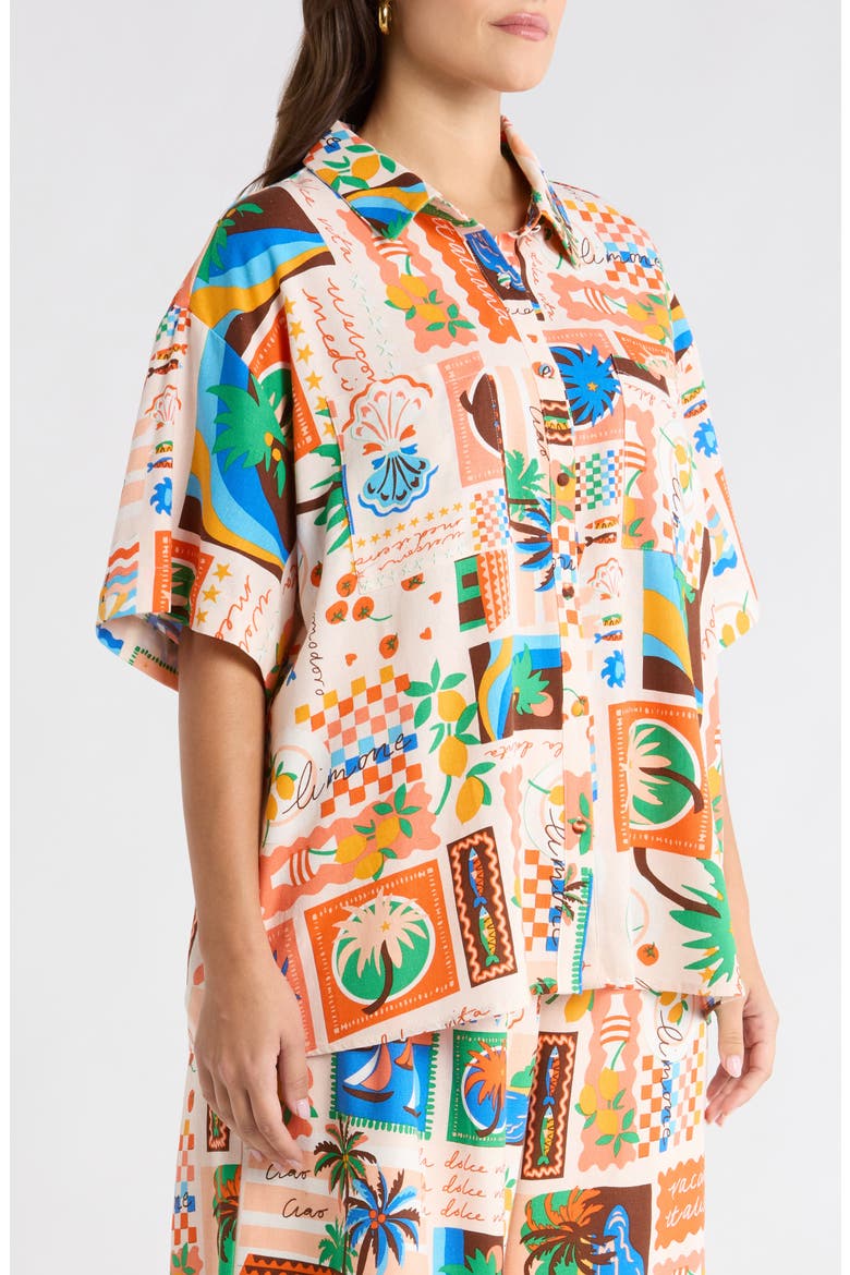 Print Loose Fit Button Up Top, Alternate, color, CORAL MULTI