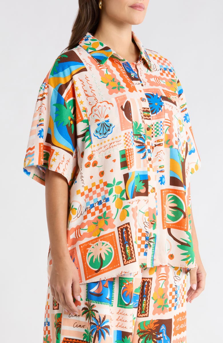 SUGARLIPS Print Loose Fit Button Up Top, Alternate, color, Coral Multi