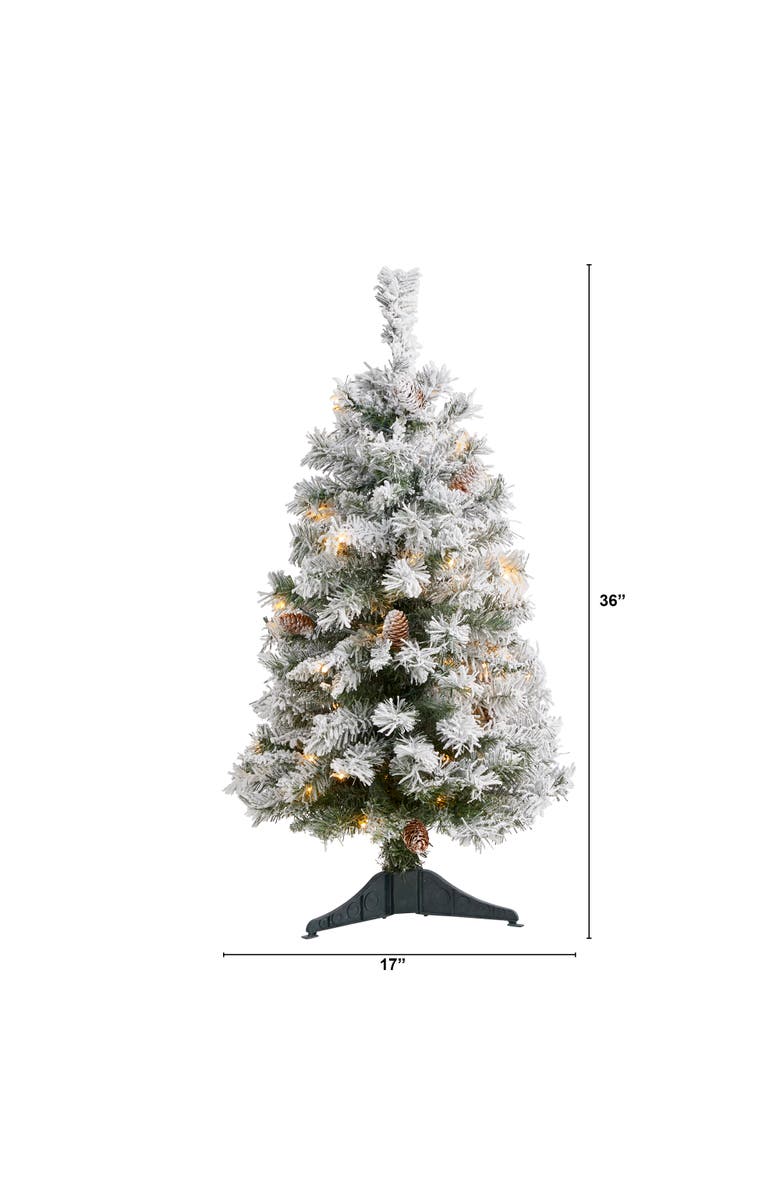 NEARLY NATURAL 3-ft Flocked White River Mountain Pine Artificial Christmas Tree with Pinecones and 50 Clear LED Lights, Alternate, color, Green