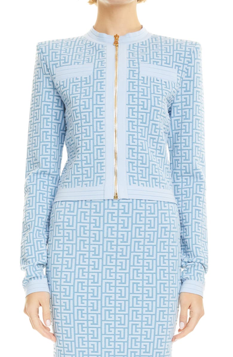 Balmain Monogram Jacquard Zip Cardigan, Main, color, 