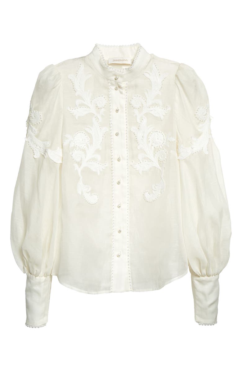 Zimmermann Wonderland Applique Long Sleeve Linen & Silk Blouse, Alternate, color,