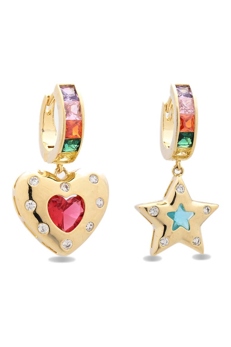 Estella Cubic Zirconia Heart & Star Drop Huggie Hoop Earrings, Alternate, color, GOLD