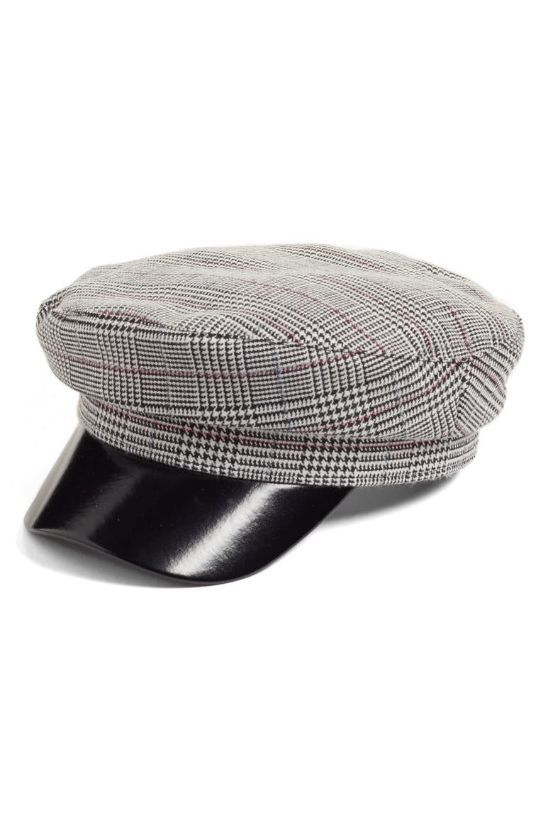 Faux Leather & Glen Plaid Baker Boy Hat, Main, color, BLACK