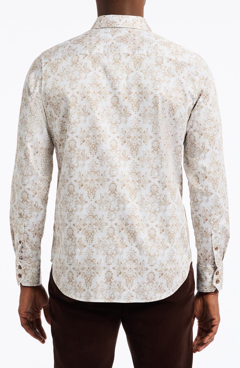 Robert Graham Delancey Damask Print Stretch Cotton Button-Up Shirt, Alternate, color, Khaki