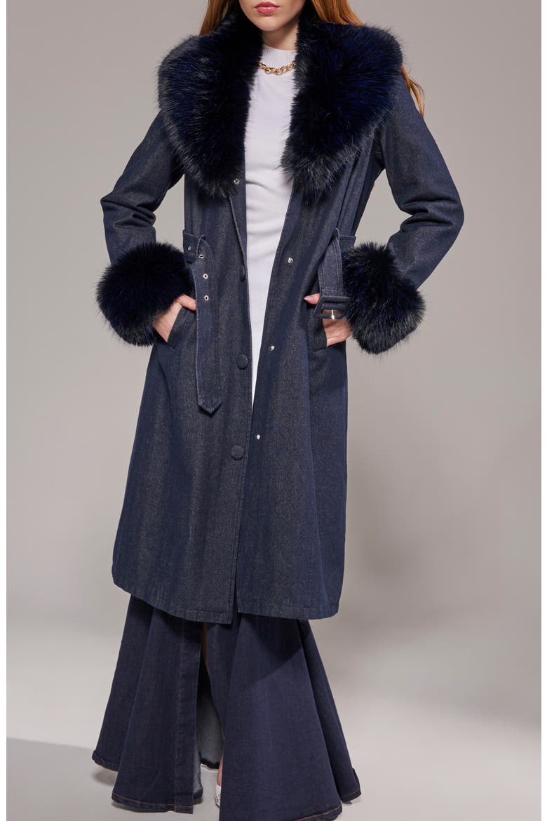 Kaya Faux Leather Trench Coat with Faux Fur Trim, Alternate, color, DARK DENIM