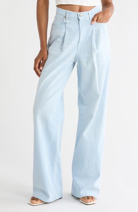 Damon Pleated Wide Leg Jeans (Faded Blue Stretch)