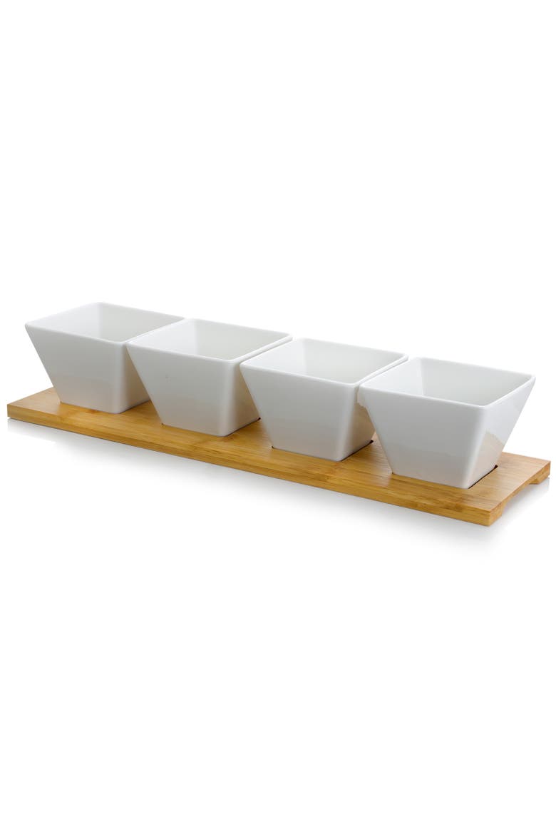 Modern 5pc Appetizer and Condiment Server with 4  Serving Dishes and a Wood Serving Black, Main, color, White