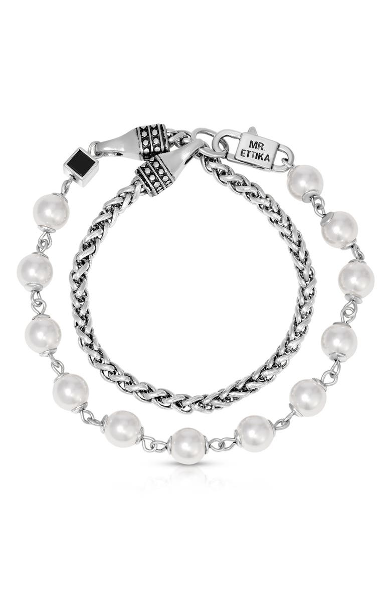 Mr. Ettika Men's Layered Faux Pearl Bracelet, Main, color, Silver