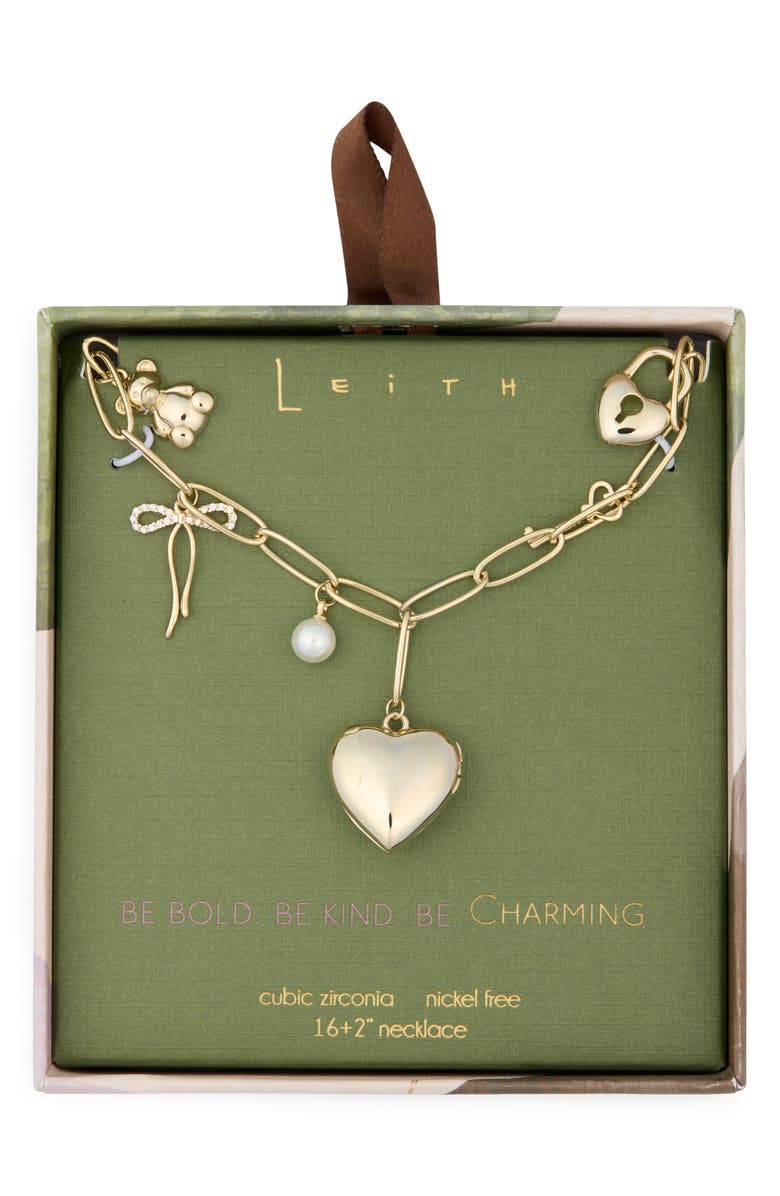 Leith Heart & Bow Charm Necklace, Main, color, Clear- White- Gold