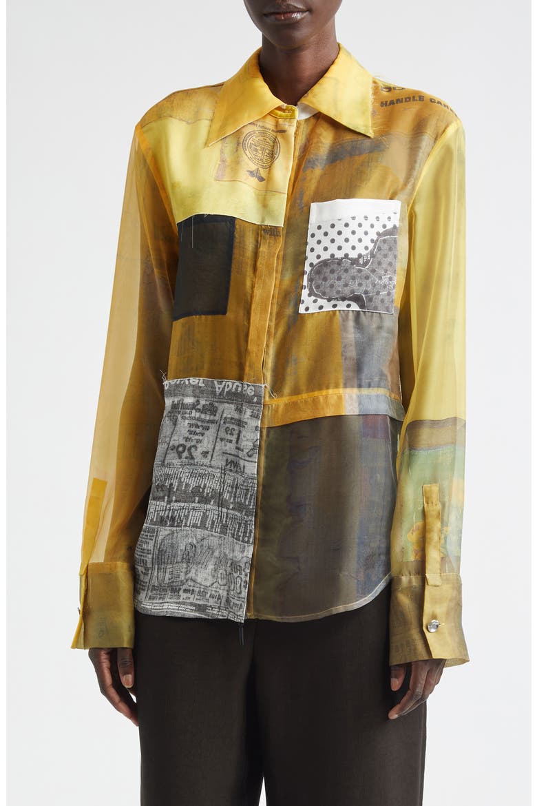 Collage Sheer Organza Button-Up Shirt, Main, color, YELLOW MULTI