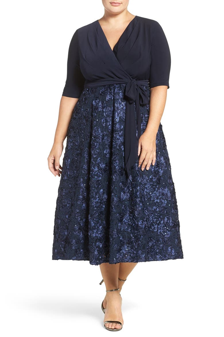 Tea Length Jersey & Rosette Lace Dress, Alternate, color, NAVY